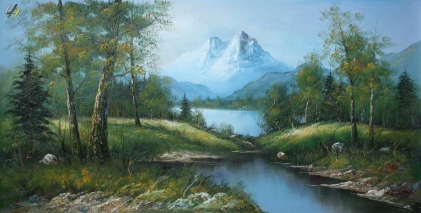 PANORAMIC MOUNTAIN VIEW OF THE ALPS 24X48 OIL PAINTING ORIGINAL