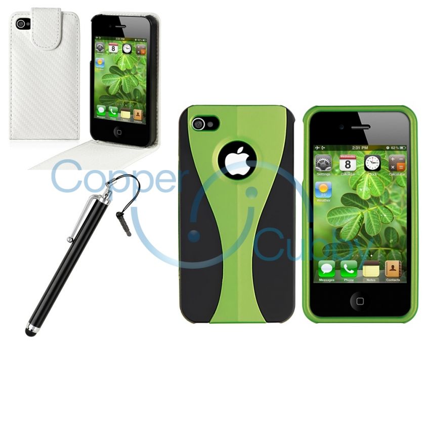 Green/Black 3 Piece Rubberized Case+White Leather Cover+Stylus for 