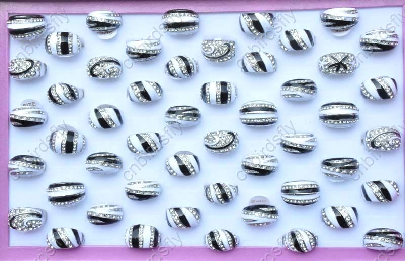   jewelry lots enamel Crystal rhinestone Rings silver p black/white