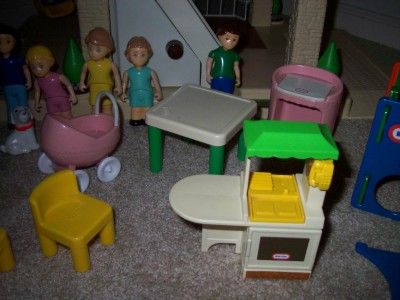 Vintage 1980s Little Tikes Blue Roof Doll House w/ People Pets and 