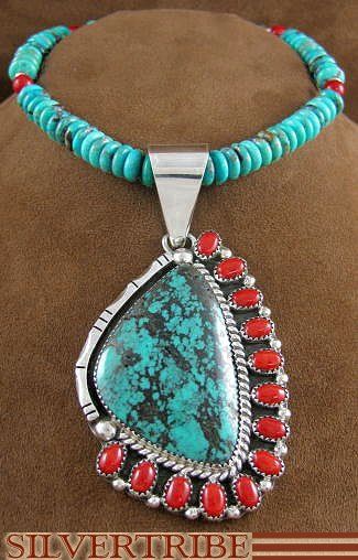 Navajo Indian Silver Native American Jewelry Coral and Turquoise Bead 
