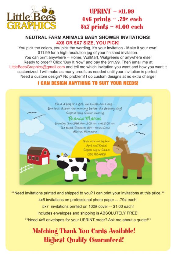 Barnyard Farm Animals Custom Baby Shower Invitations  