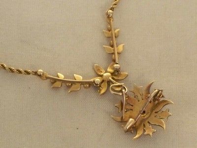 VICTORIAN 15CT GOLD SEED PEARL DIAMOND PENDANT & CHAIN NECKLACE BROOCH 