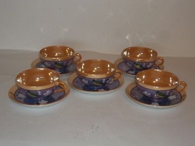 Vtg Japanese Orange/Purple Lusterware Tea cups w/Saucers  