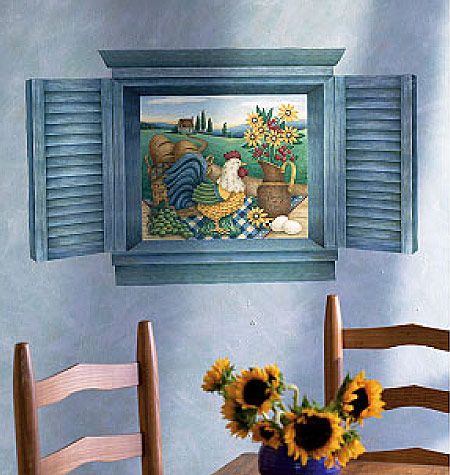 Rooster Sunflower Mural Blue Shutters Window Wall Mural Country View 