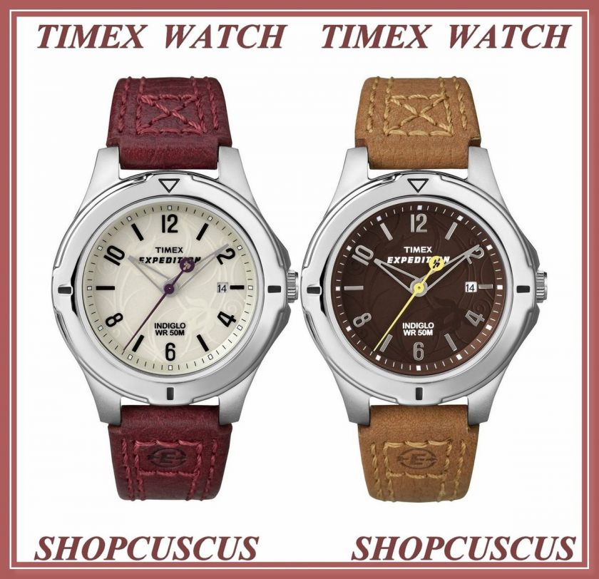 Timex Womens Expedition Watch White/Black Dial Burgundy/Brown Leather 